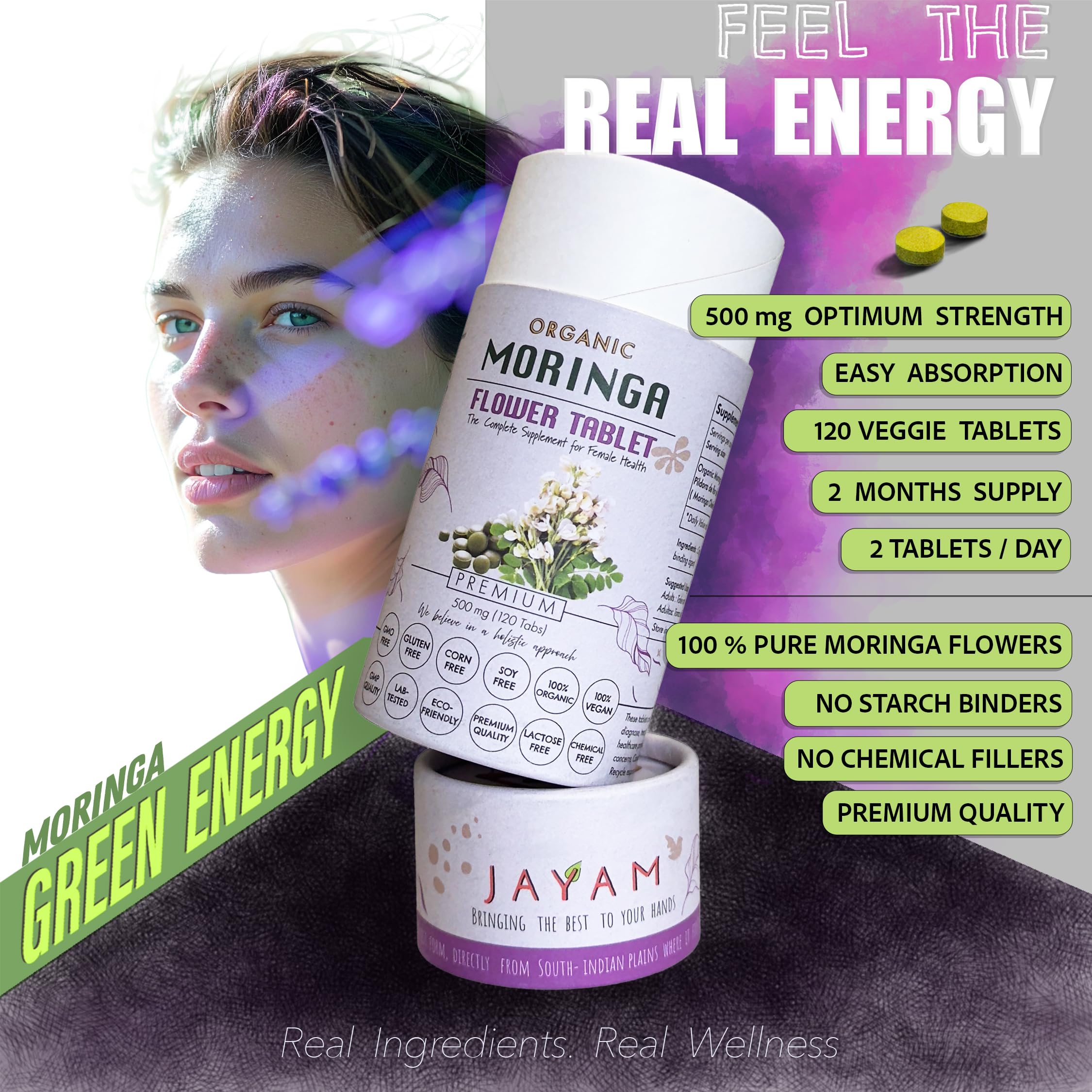 JAYAM Moringa Flower closeup shows pure plant powder used in tablets.