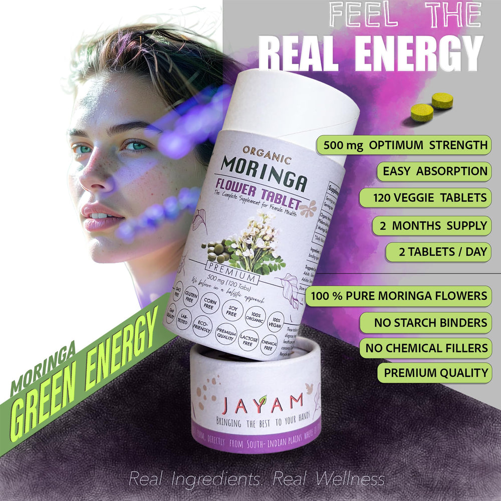 JAYAM Moringa Flower closeup shows pure plant powder used in tablets.
