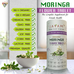 JAYAM Moringa Flower Tablets bottle closeup highlights pure potent plant power.
