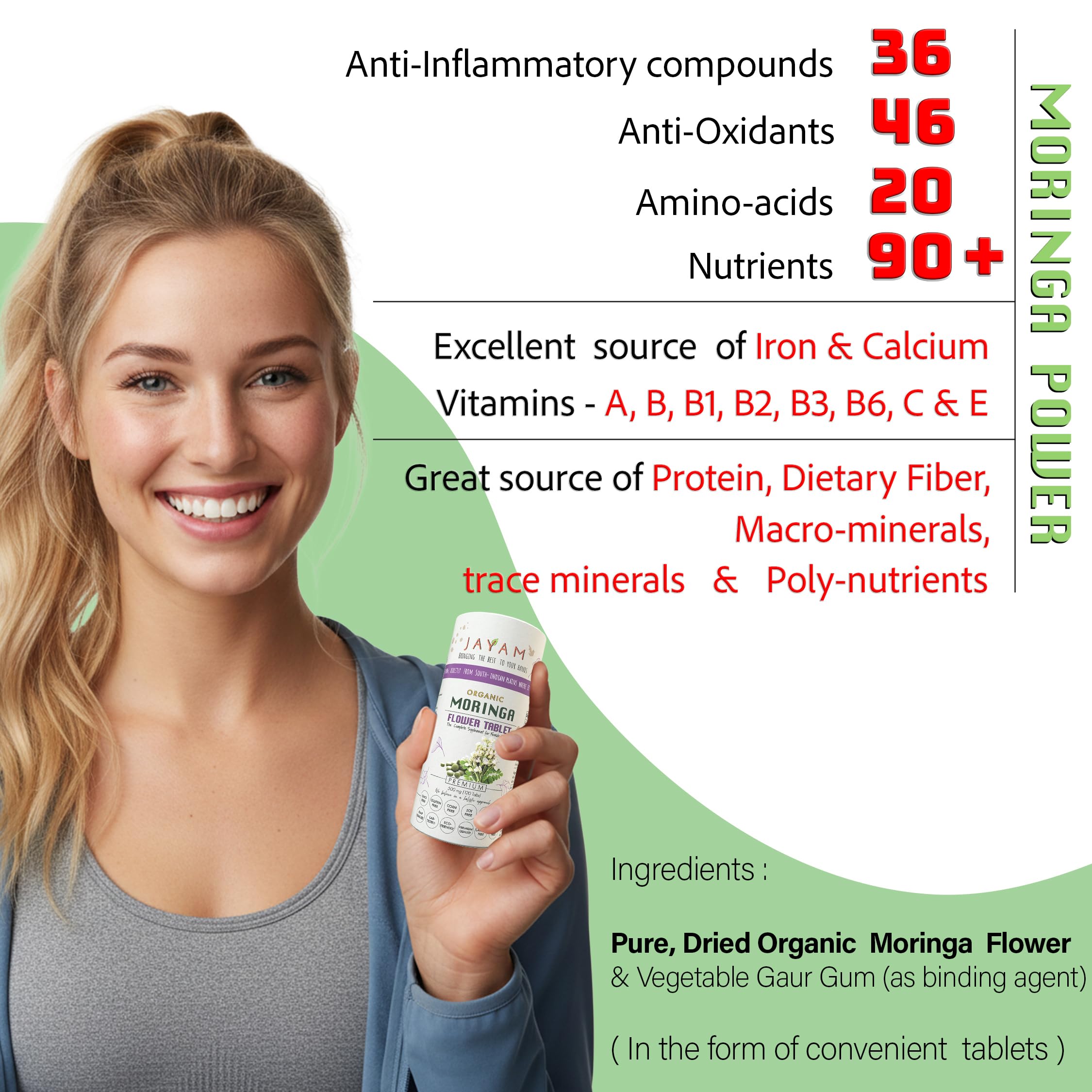 JAYAM Moringa omega-3-6-9 ingredient focus supports skin and hair vitality.