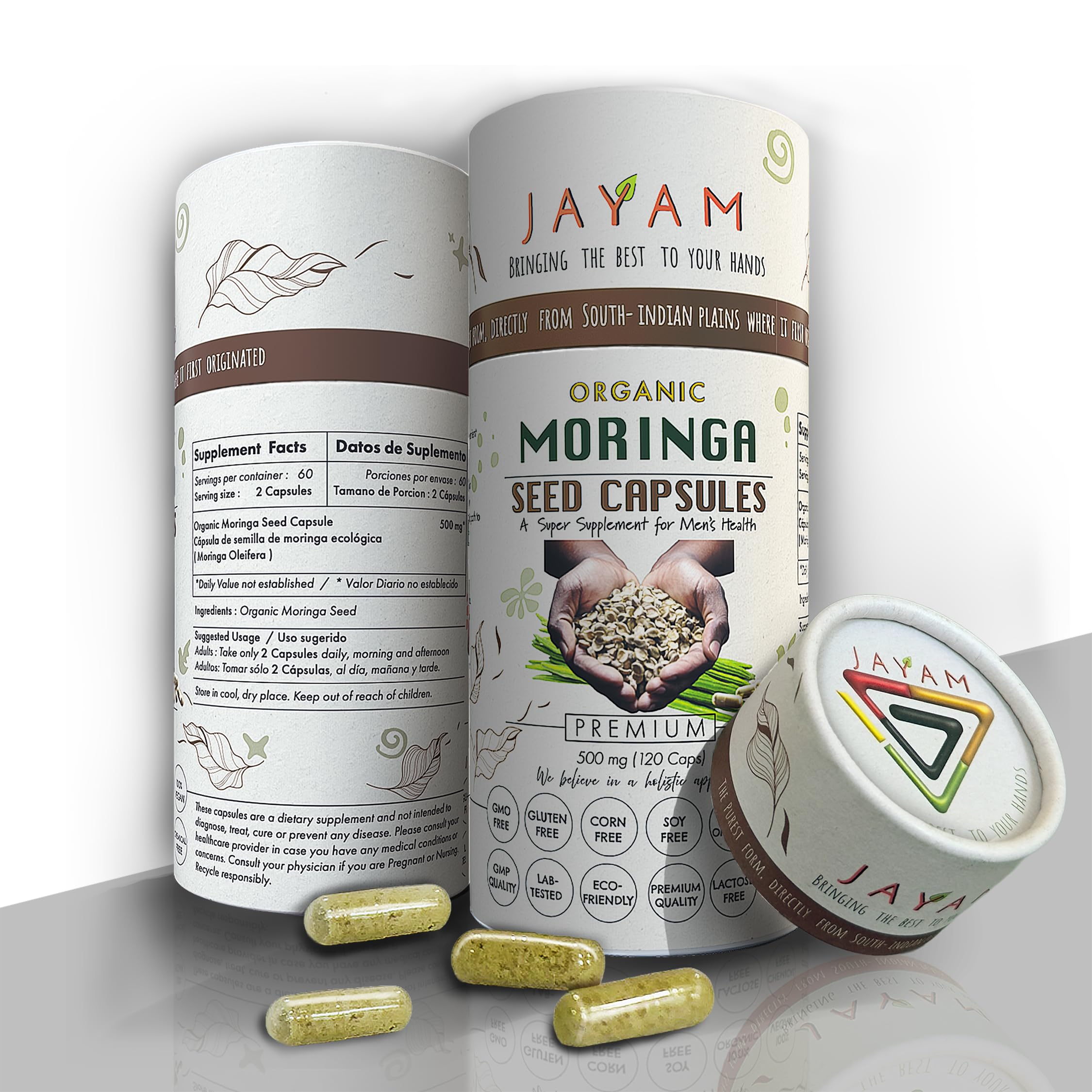 JAYAM Moringa Seed Capsules bottle close-up highlighting energy support.