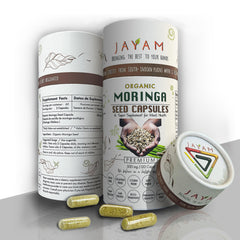 JAYAM Moringa Seed Capsules bottle close-up highlighting energy support.