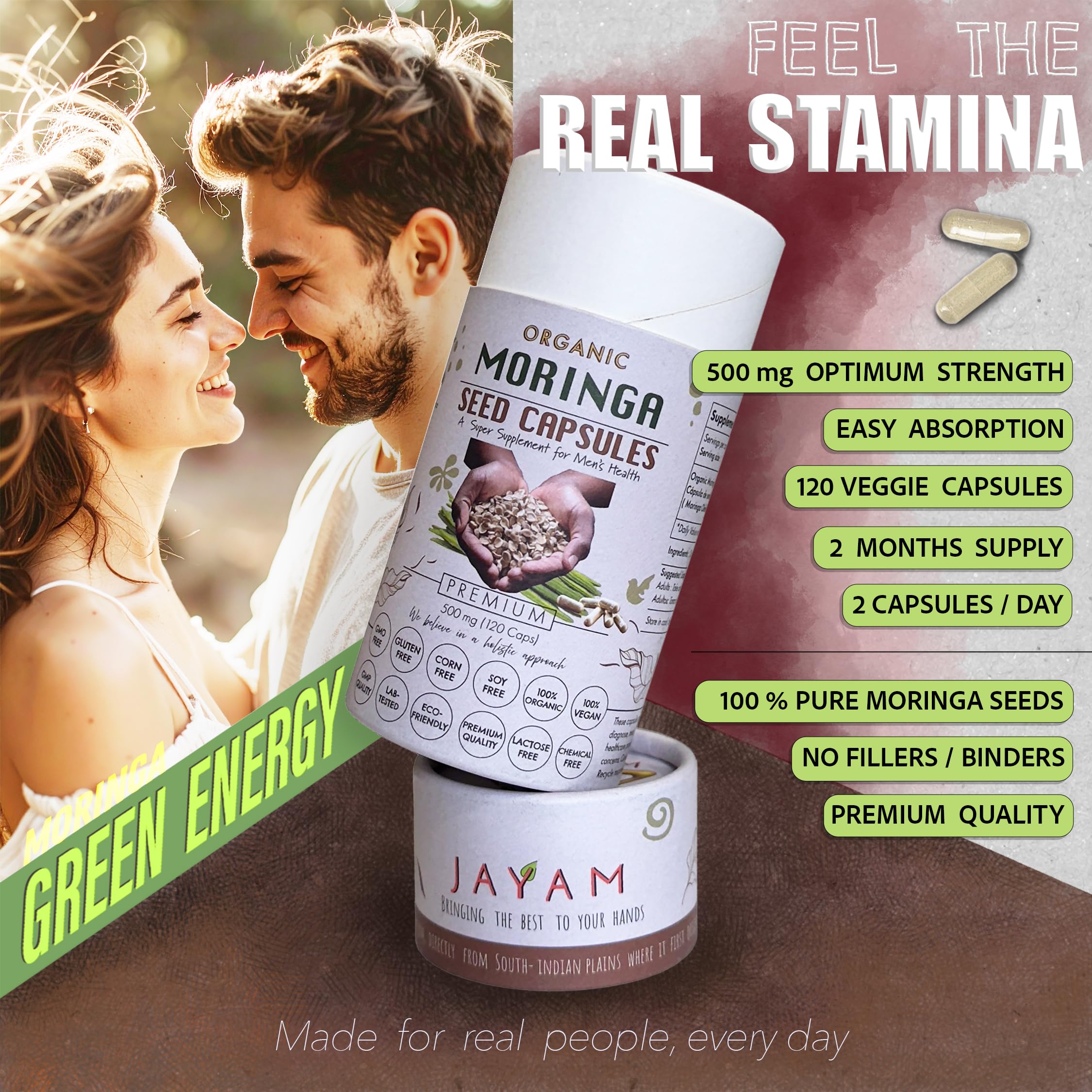 JAYAM Moringa Seed Capsules two-capsule daily dose supports energy.