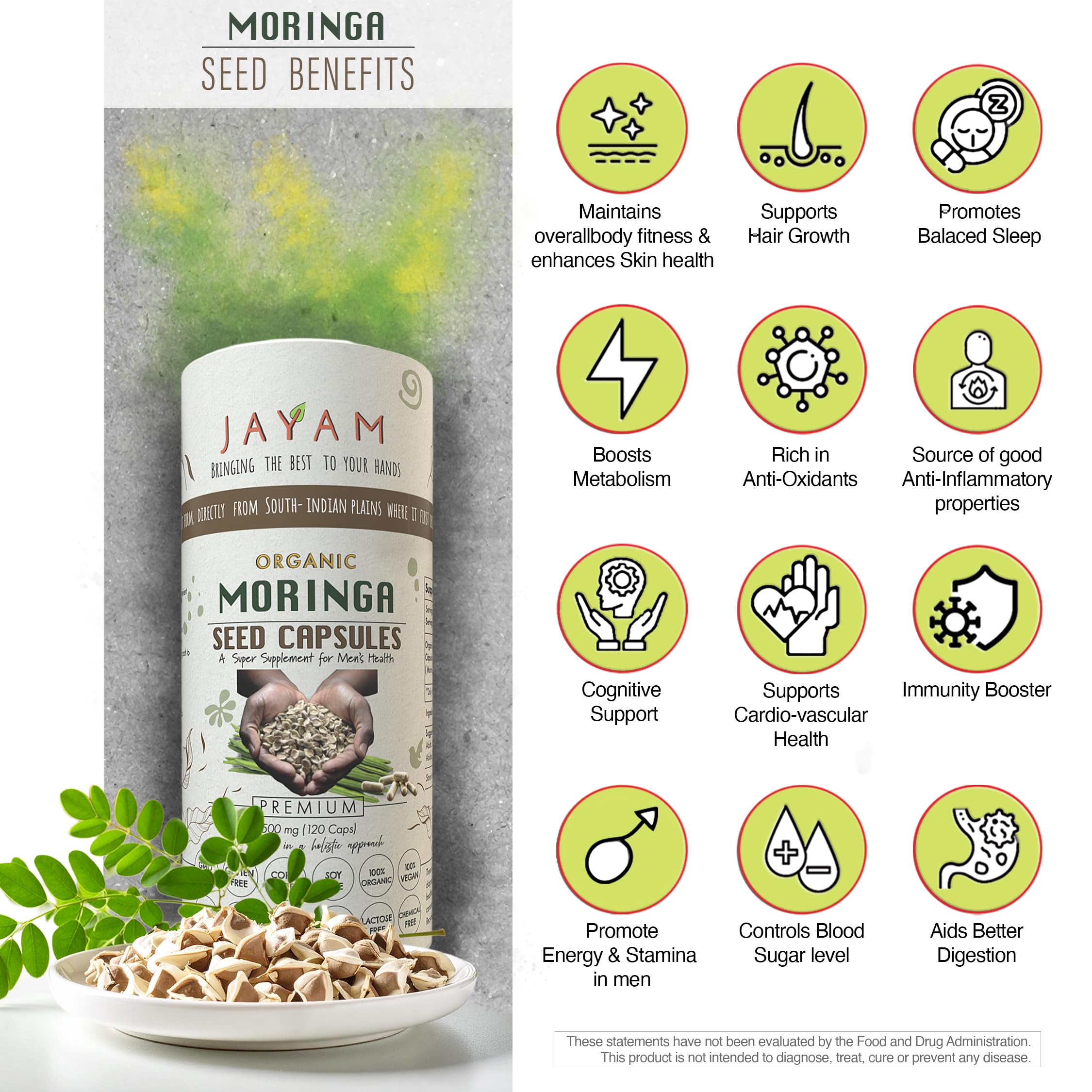 Label close-up shows pure moringa seed with no fillers.