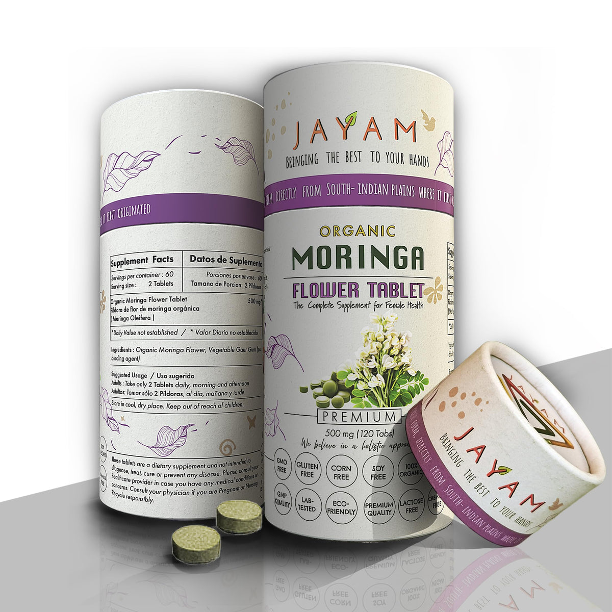 JAYAM Moringa Flower Tablets packaging emphasizes eco-friendly sourcing for sustainable wellness.