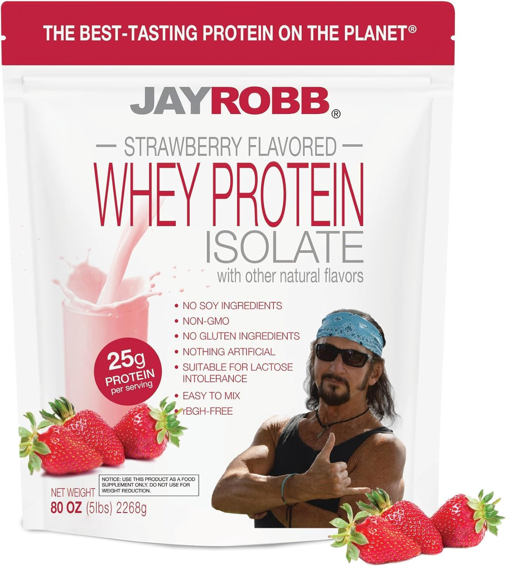 Jay Robb whey protein strawberry bottle, convenient lean protein for on-the-go nutrition.