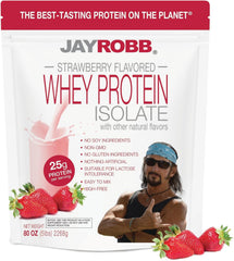 Jay Robb whey protein strawberry bottle, convenient lean protein for on-the-go nutrition.