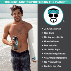 Jay Robb whey protein strawberry shake glass, smooth mix for post-workout recovery.