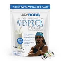 JAYROBB Whey Protein Vanilla container front highlights lactose- and casein-free formula.