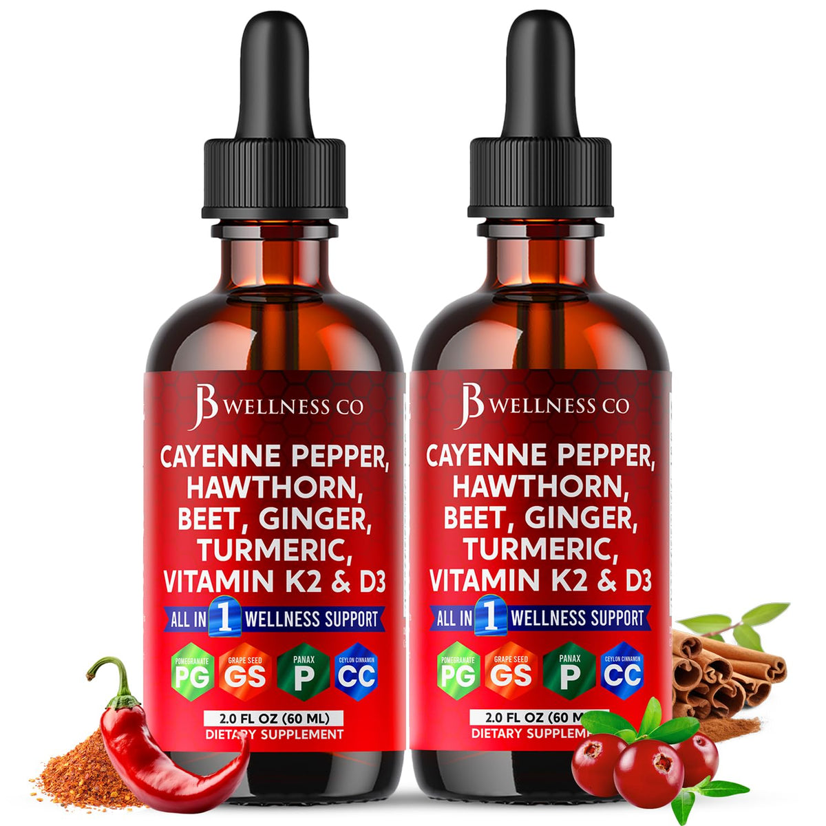 JB Wellness Co cayenne pepper drops bottle for daily energy and routine support.