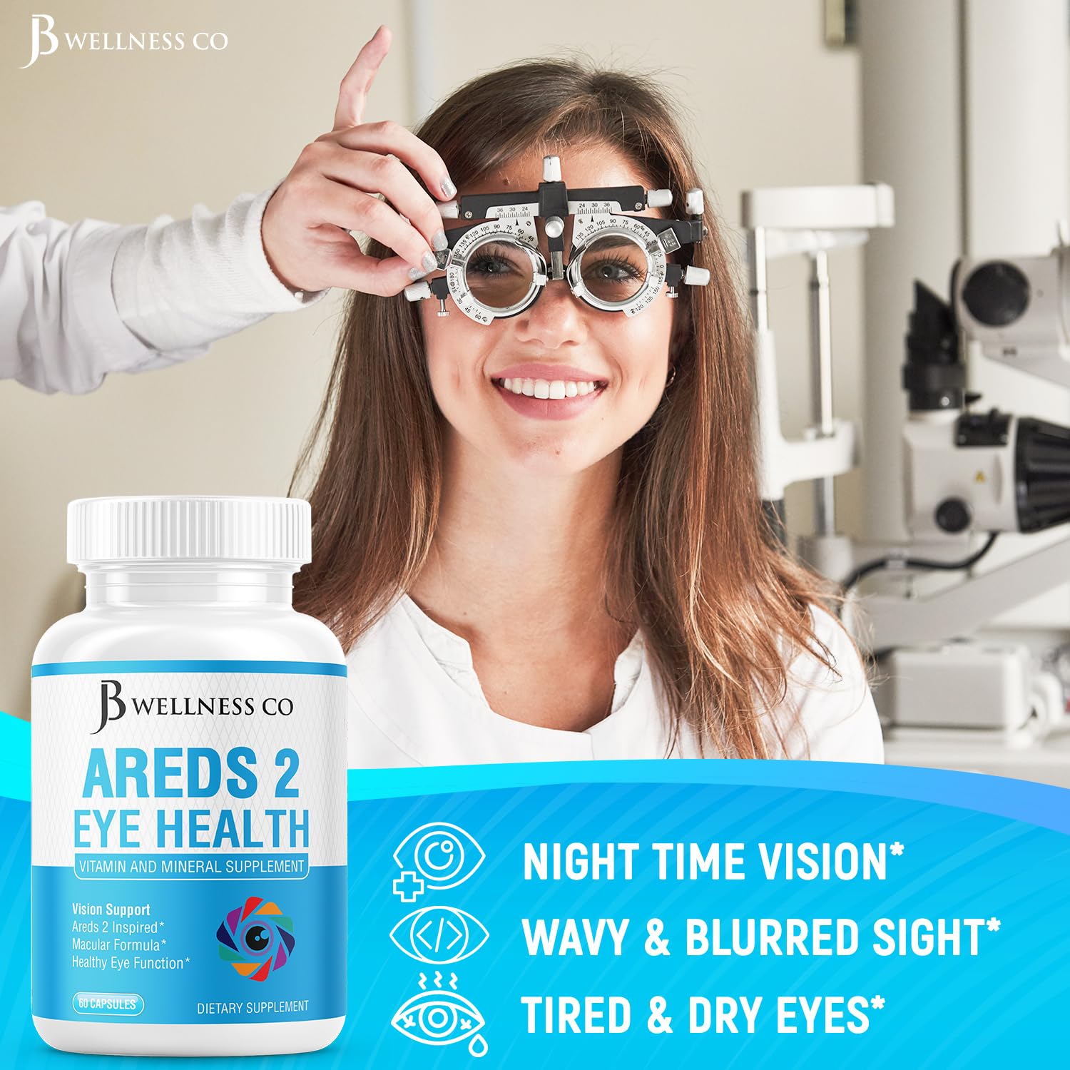 JB Wellness Co AREDS 2 label close-up highlights lutein and zeaxanthin.