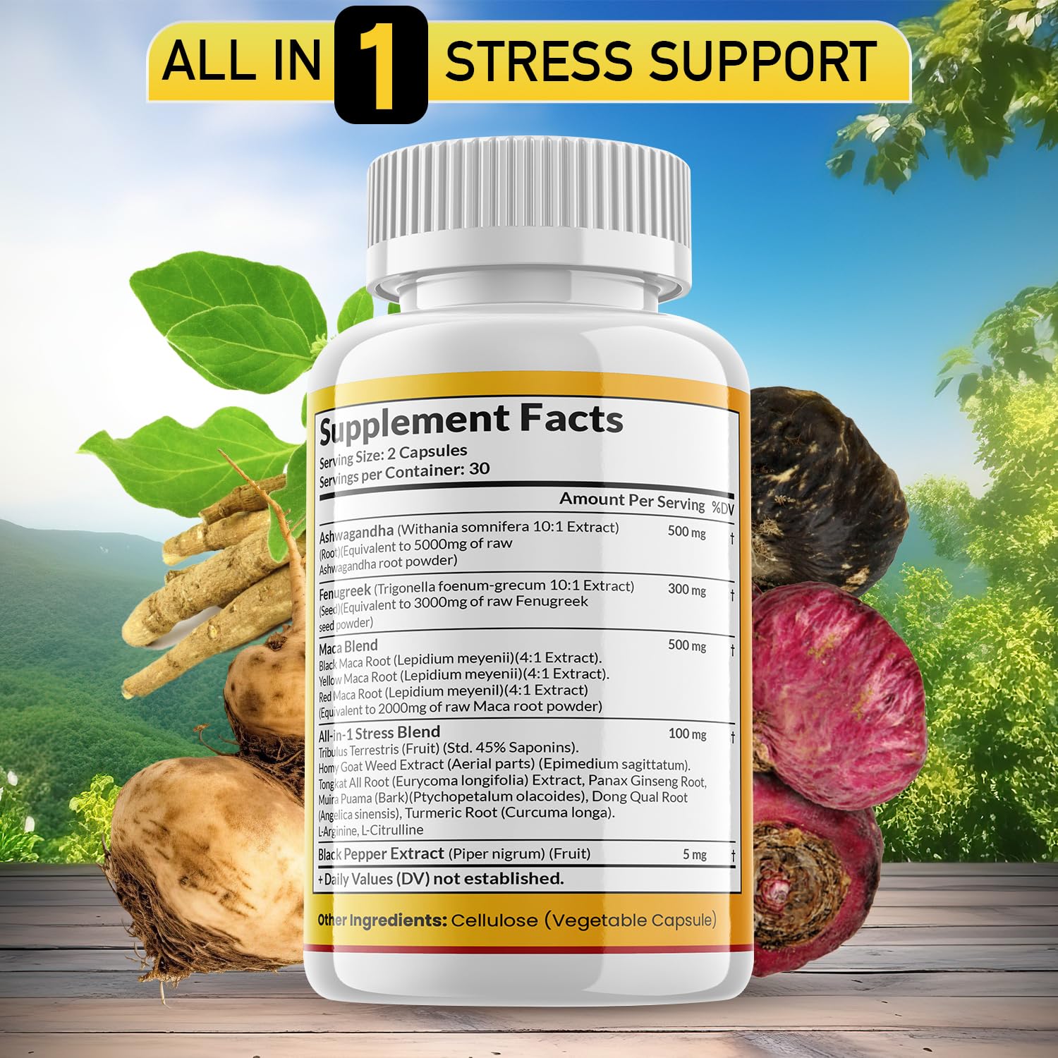 JB Wellness Co Ashwagandha Maca capsules shown for daily wellness routine.