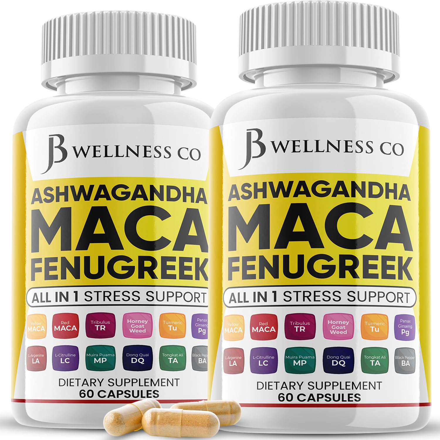 JB Wellness Co Ashwagandha Maca Root Fenugreek bottle promotes balanced mood potential.