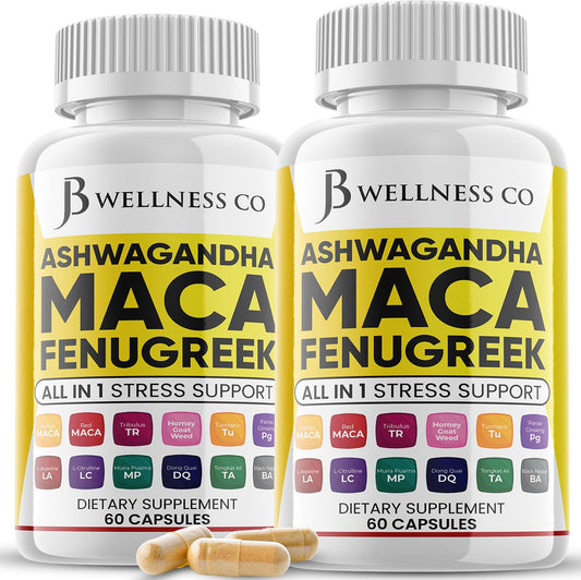 JB Wellness Co Ashwagandha Maca Root Fenugreek bottle promotes balanced mood potential.