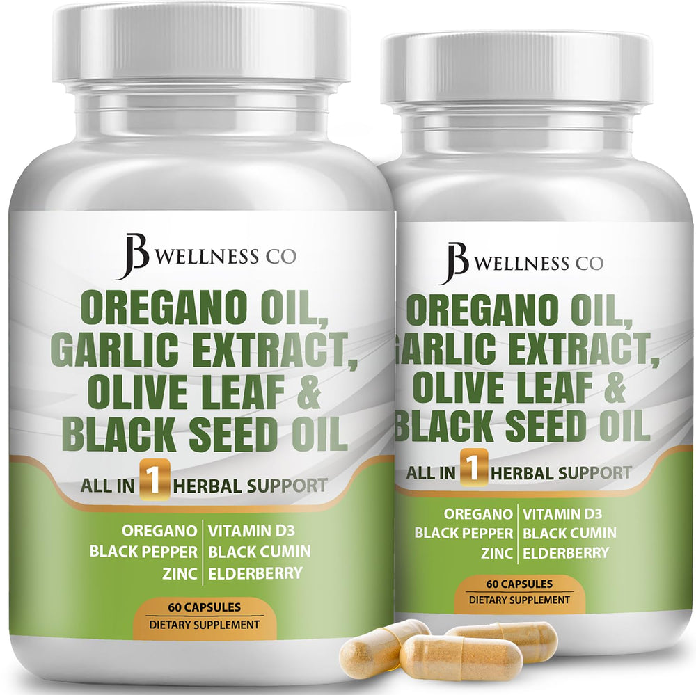 JB Wellness Co bottle front showing oregano oil, garlic, olive leaf, astragalus for immune support