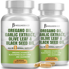 JB Wellness Co bottle front showing oregano oil, garlic, olive leaf, astragalus for immune support