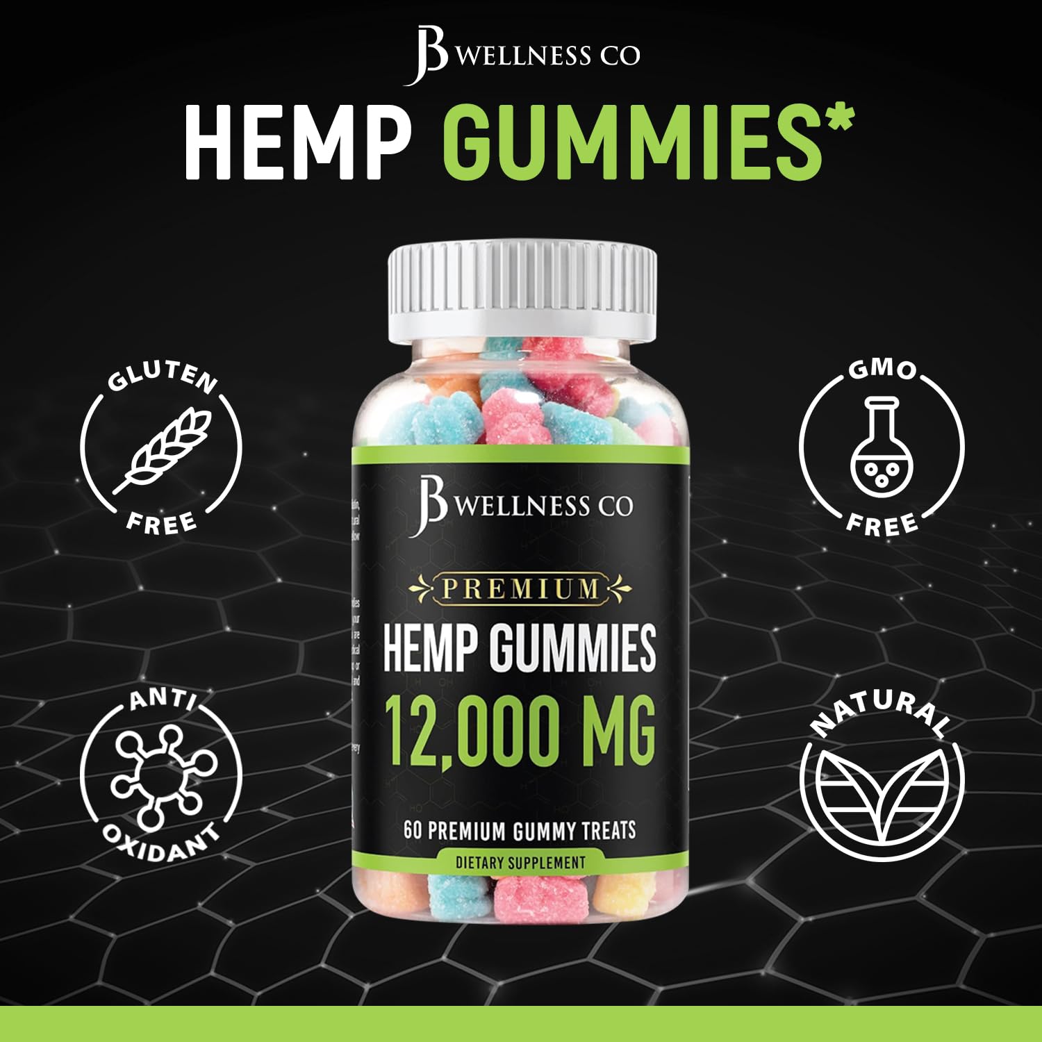 JB Wellness Co hemp gummies serving image demonstrates quick, tasty wellness snack
