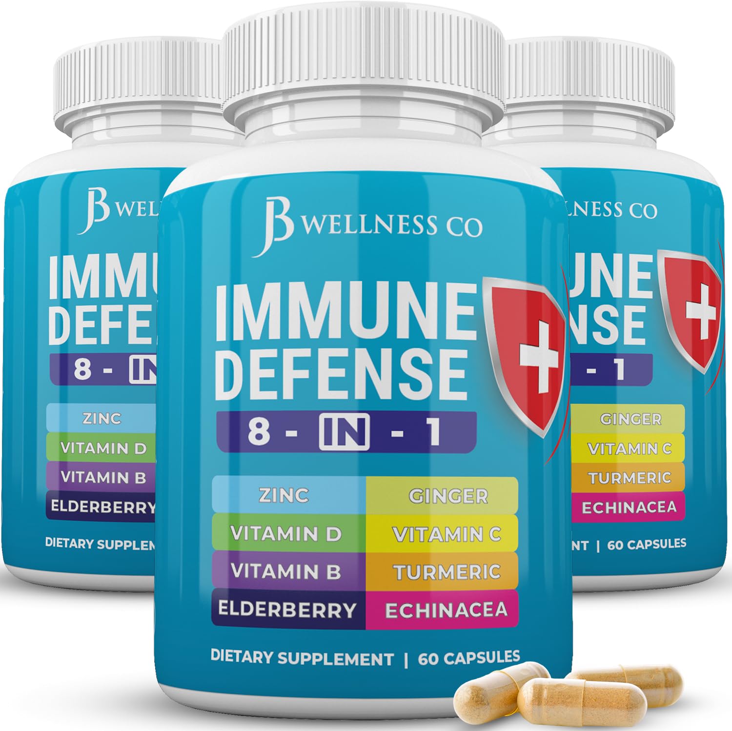 JB Wellness Co Immune Support bottle front displaying 8-in-1 formula for daily wellness