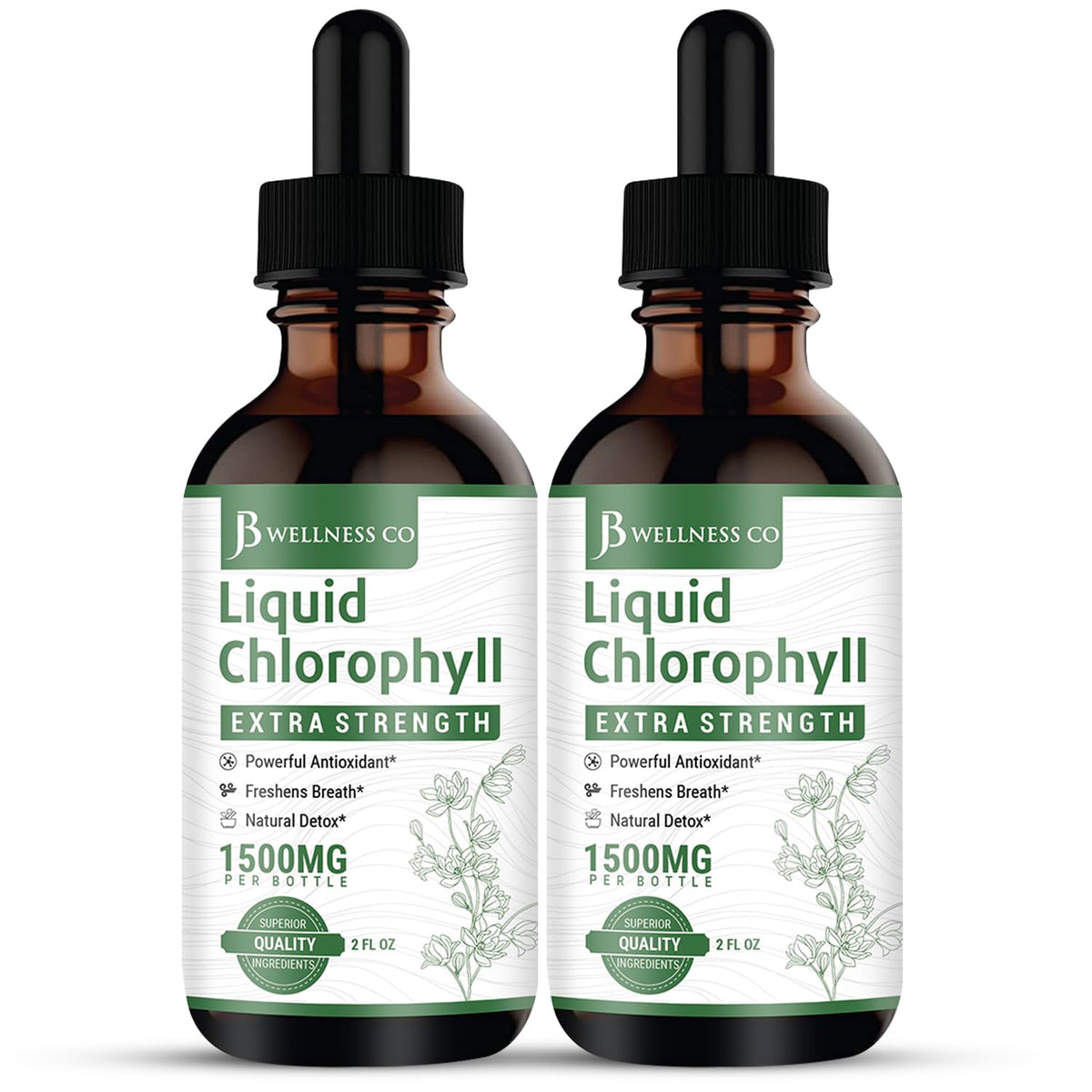 JB Wellness Co liquid chlorophyll drops bottle for easy daily greens boost.