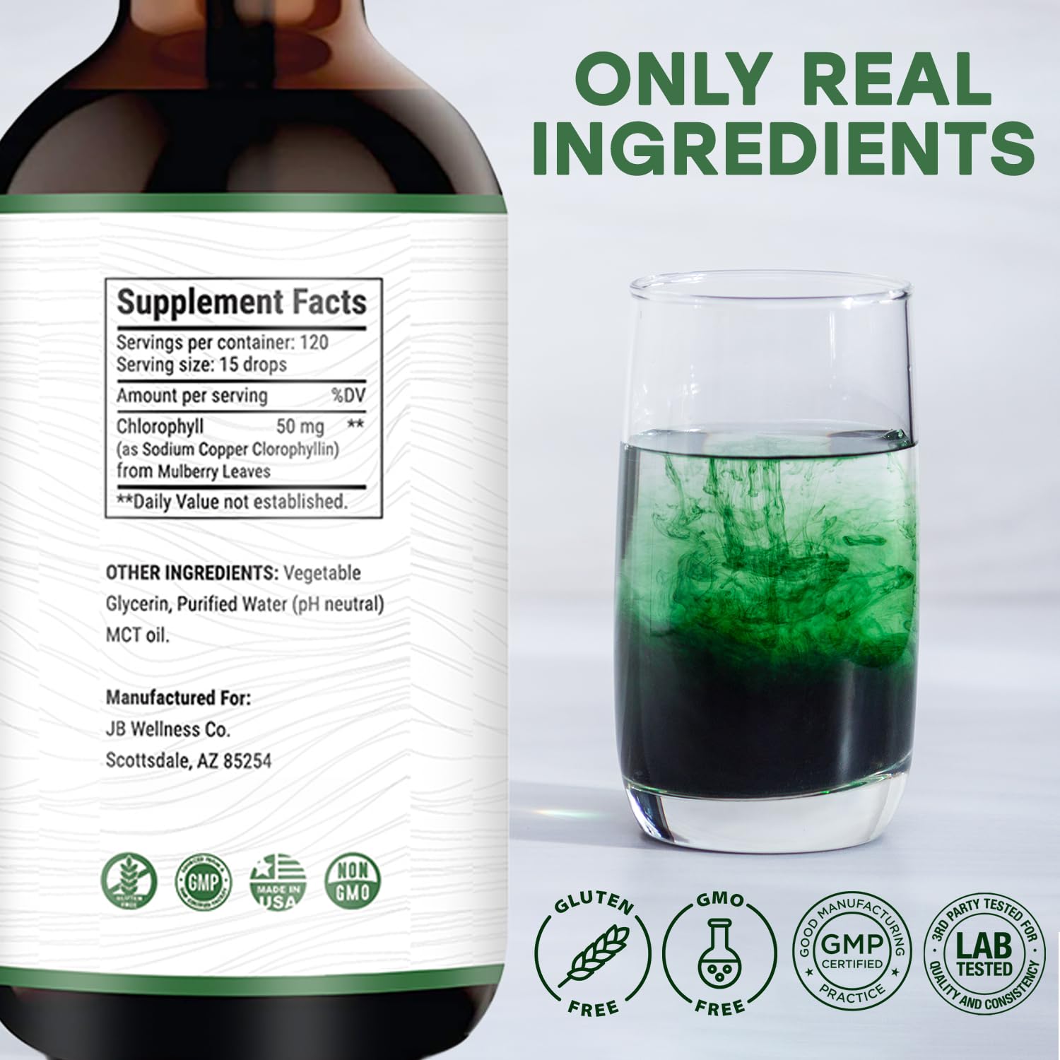 Dropper-ready chlorophyll bottle shown for convenient mixing into water or juice.