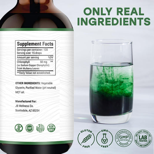 Dropper-ready chlorophyll bottle shown for convenient mixing into water or juice.