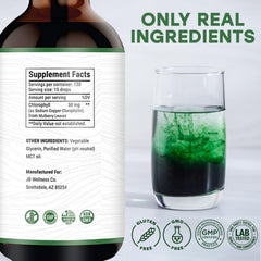 Dropper-ready chlorophyll bottle shown for convenient mixing into water or juice.