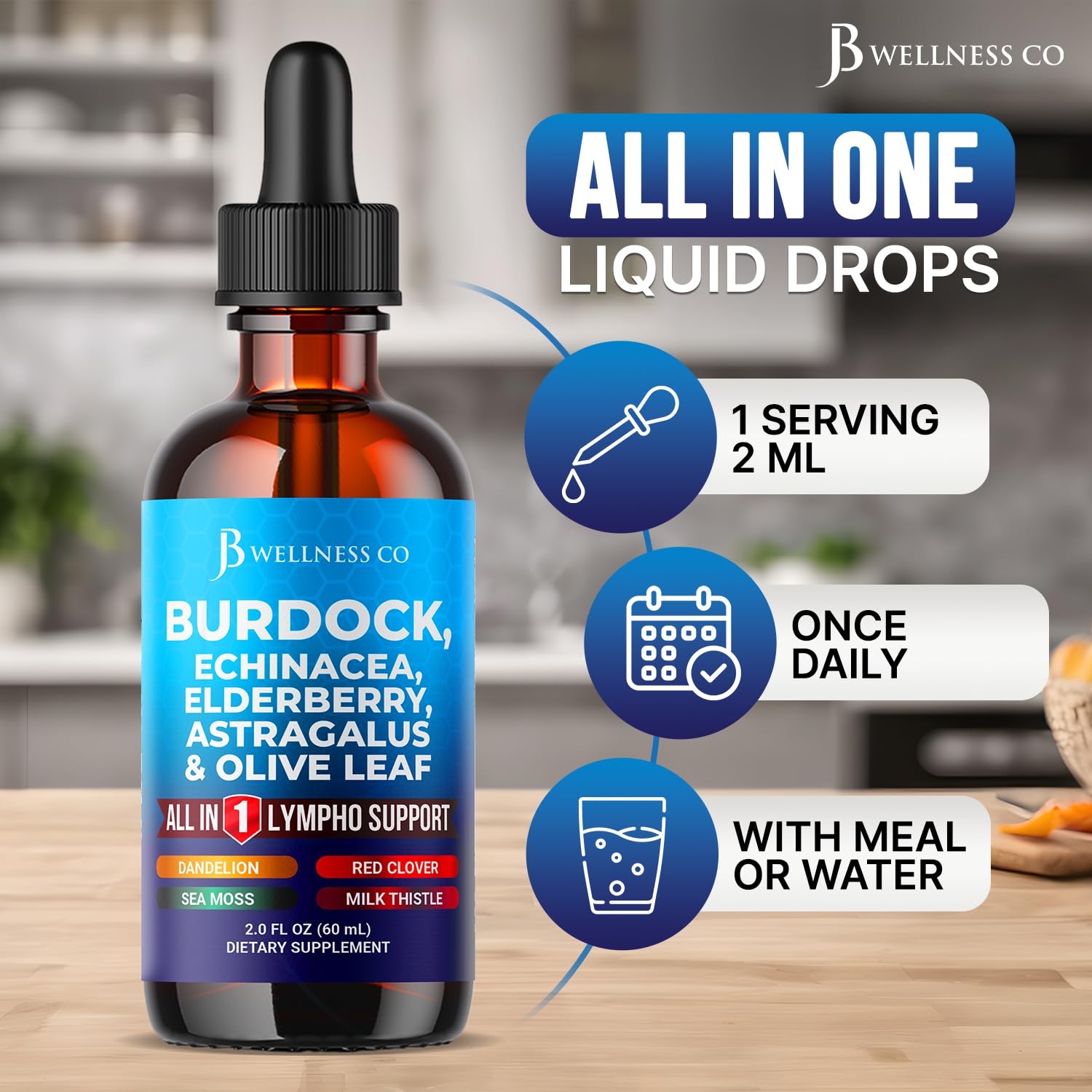 Glass of water with JB Wellness Co drops, convenient beverage enhancement.