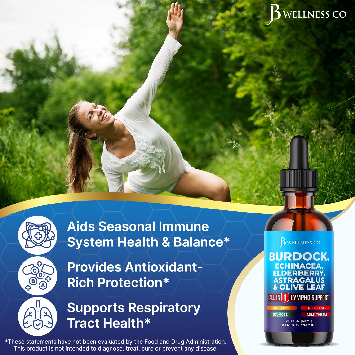 Ingredients chart showcases burdock, echinacea, elderberry for a balanced blend.