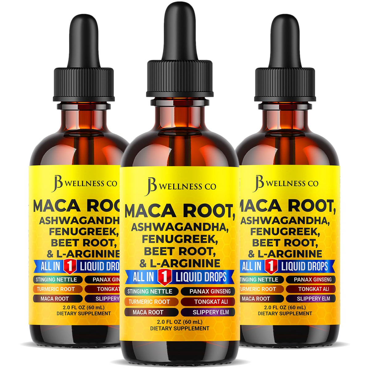 JB Wellness Co Maca Root Drops bottle displaying organic formula for daily vitality.