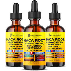 JB Wellness Co Maca Root Drops bottle displaying organic formula for daily vitality.