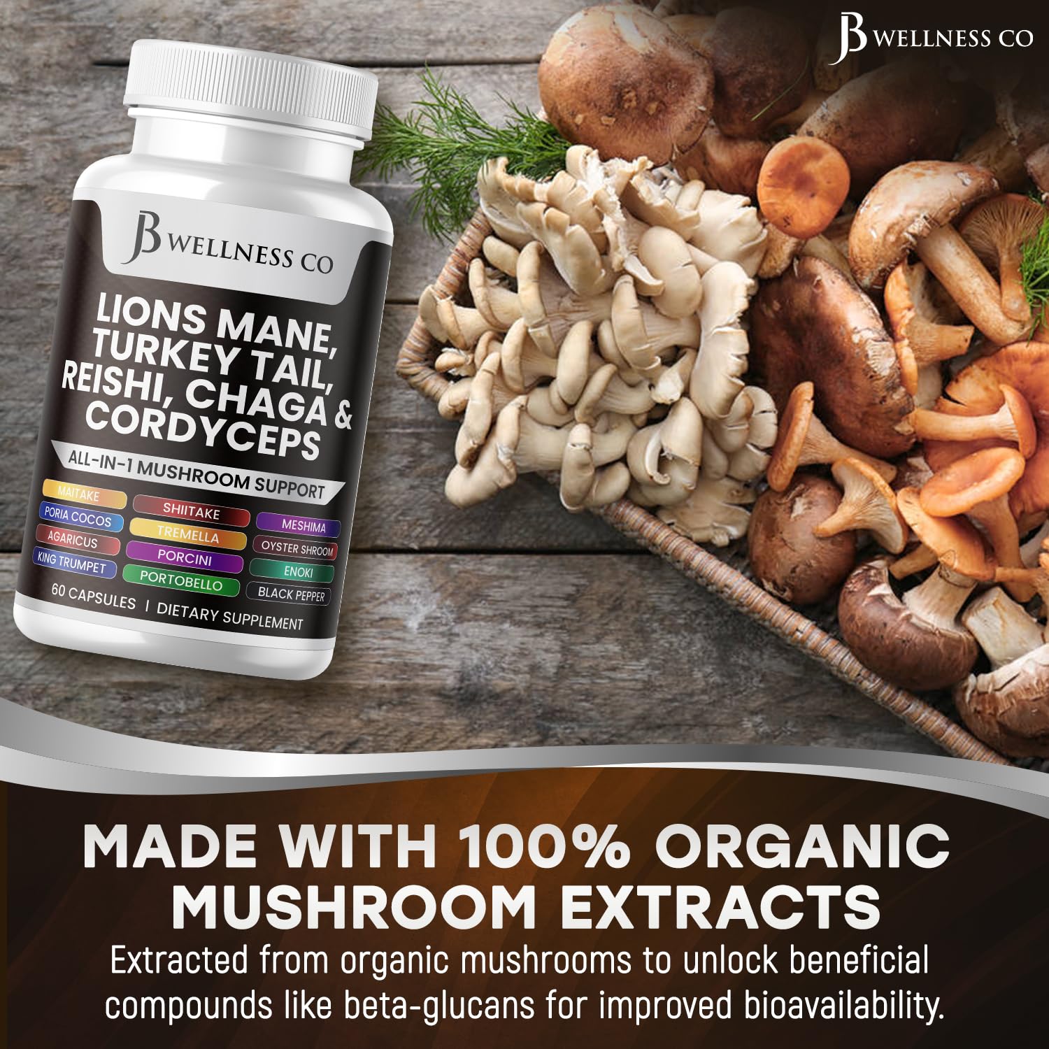 JB Wellness Co organic mushroom extract bottle pure fruiting bodies