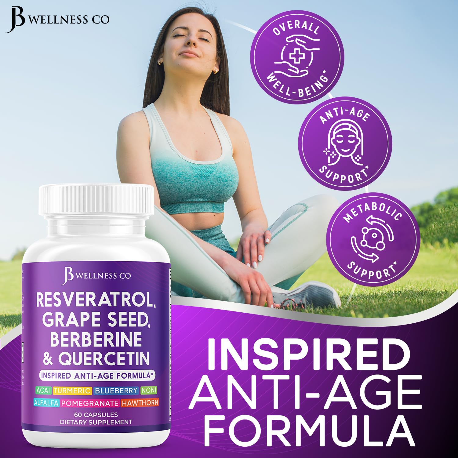 JB Wellness Co quercetin capsules beside berries for daily immune-friendly routine