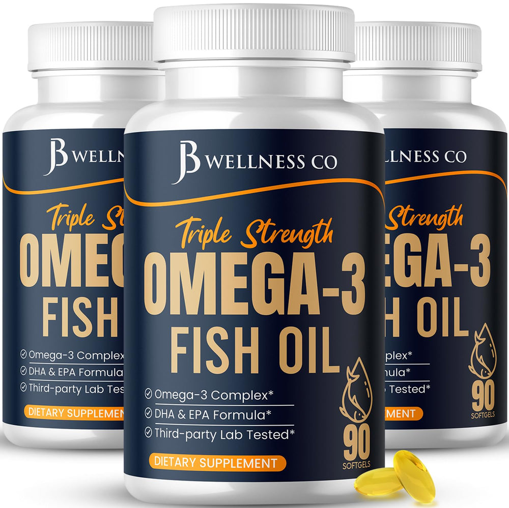 JB Wellness Co triple-strength omega-3 bottle showing high potency for daily wellness