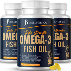 JB Wellness Co triple-strength omega-3 bottle showing high potency for daily wellness