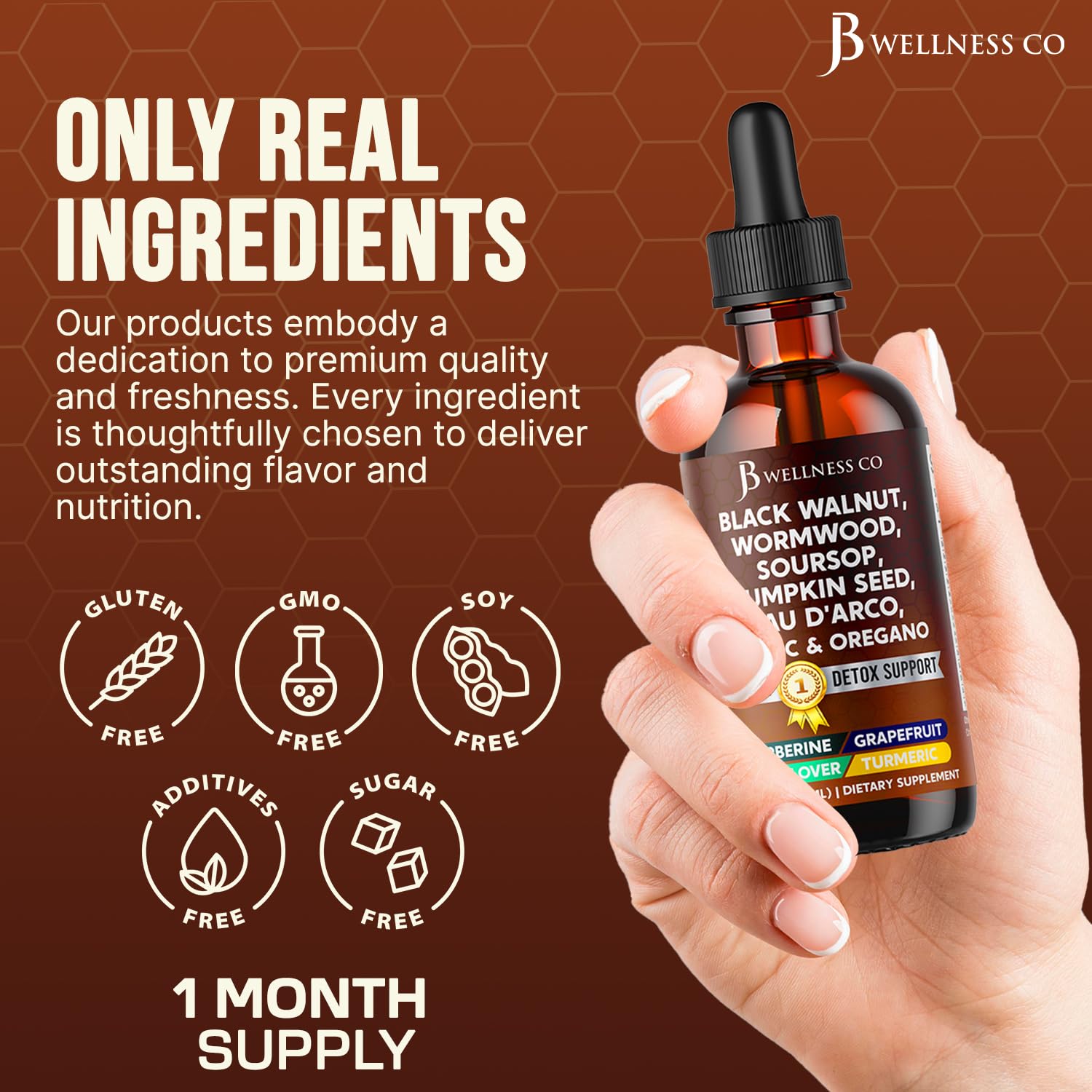 JB Wellness Co Wormwood Cleanse pau d'arco close-up emphasizes mineral-rich hull bark