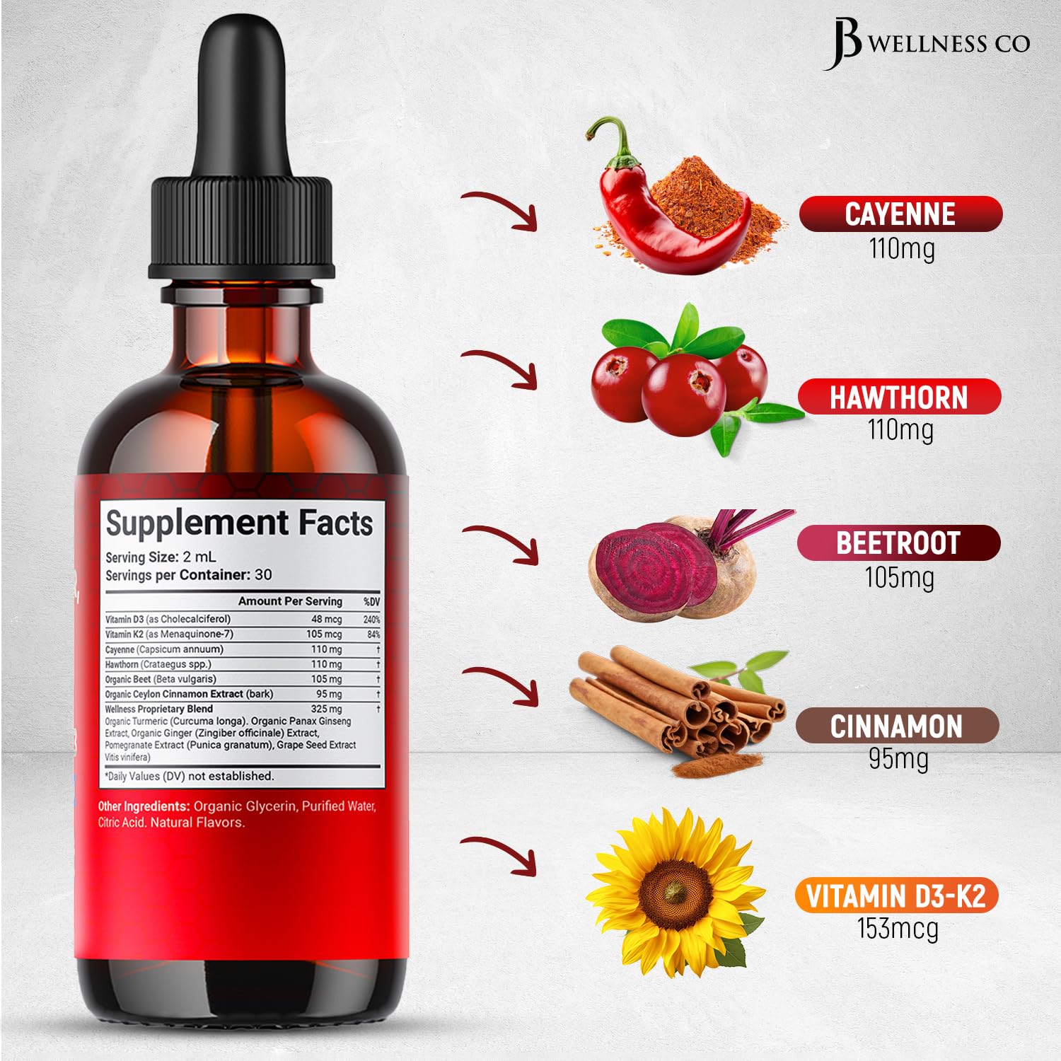 JB Wellness Co hawthorn berry extract highlighting heart-friendly flavor and wellness use.