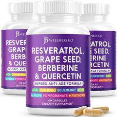 JB Wellness Co Resveratrol bottle with polyphenol blend for daily vitality.
