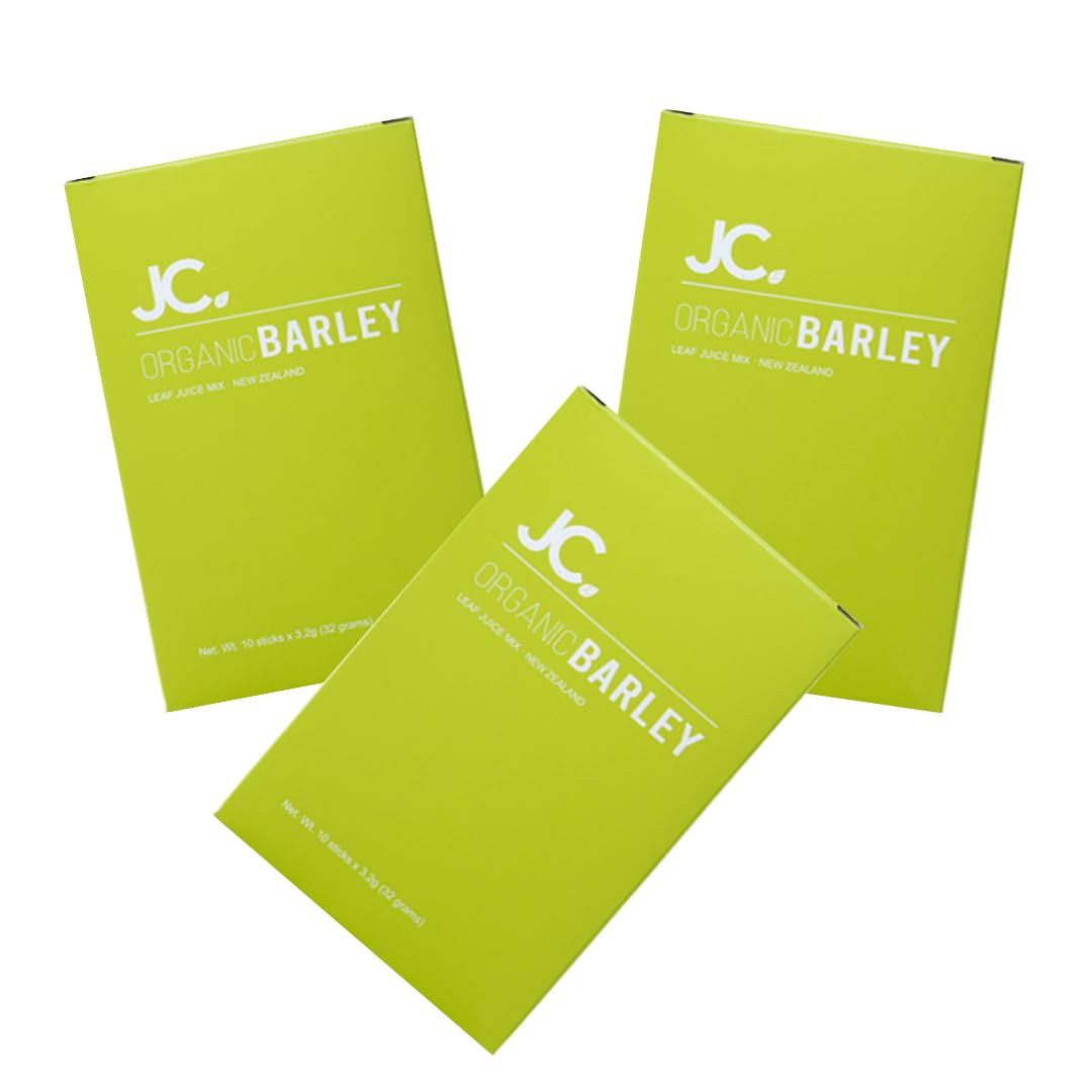 JC Barley Grass Juice Powder bottle on countertop showing daily vitality