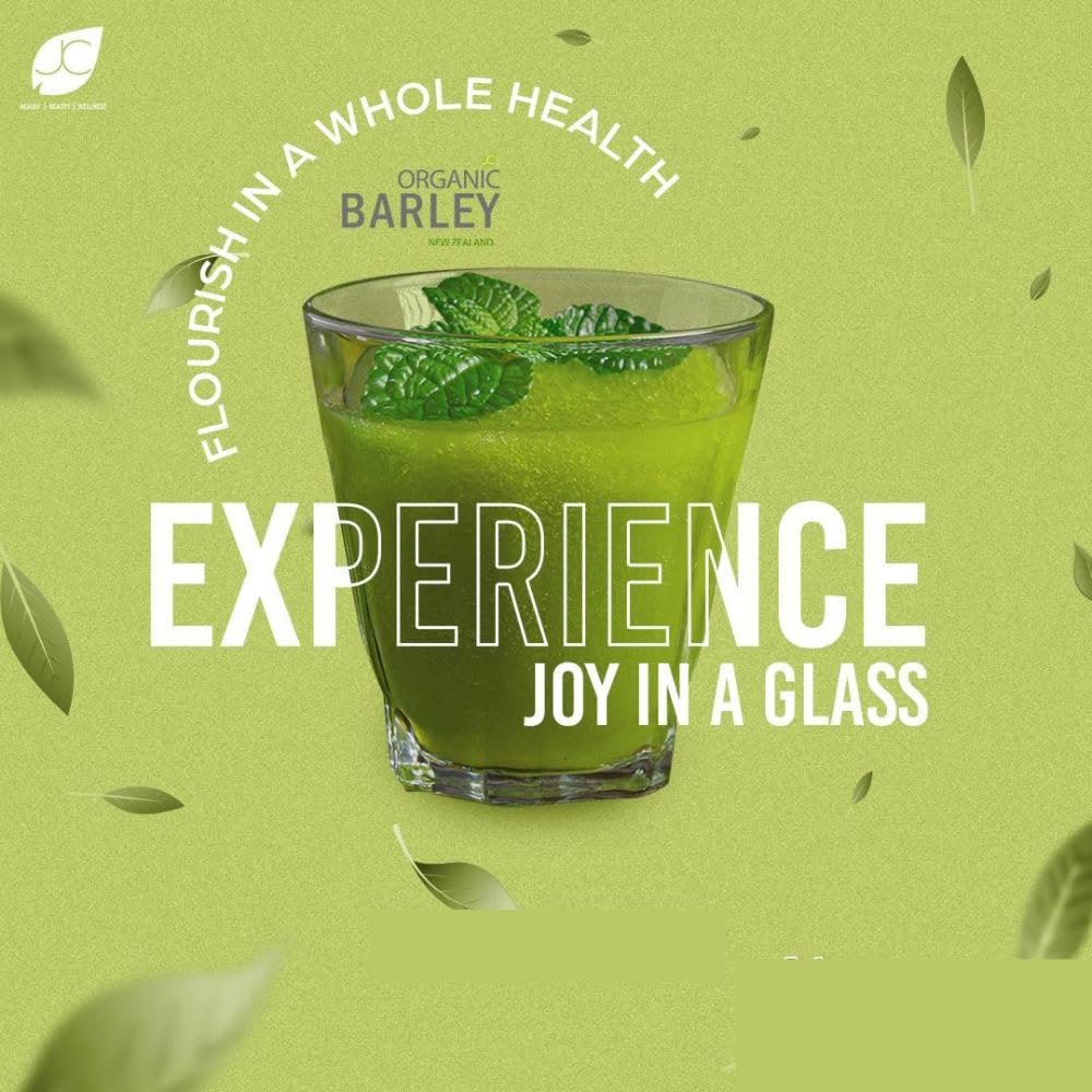 JC Barley Grass Juice Powder dissolving in a glass promoting easy greens habit
