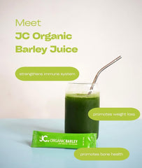 JC Barley Grass Juice Powder ingredient panel close-up with organic barley and stevia