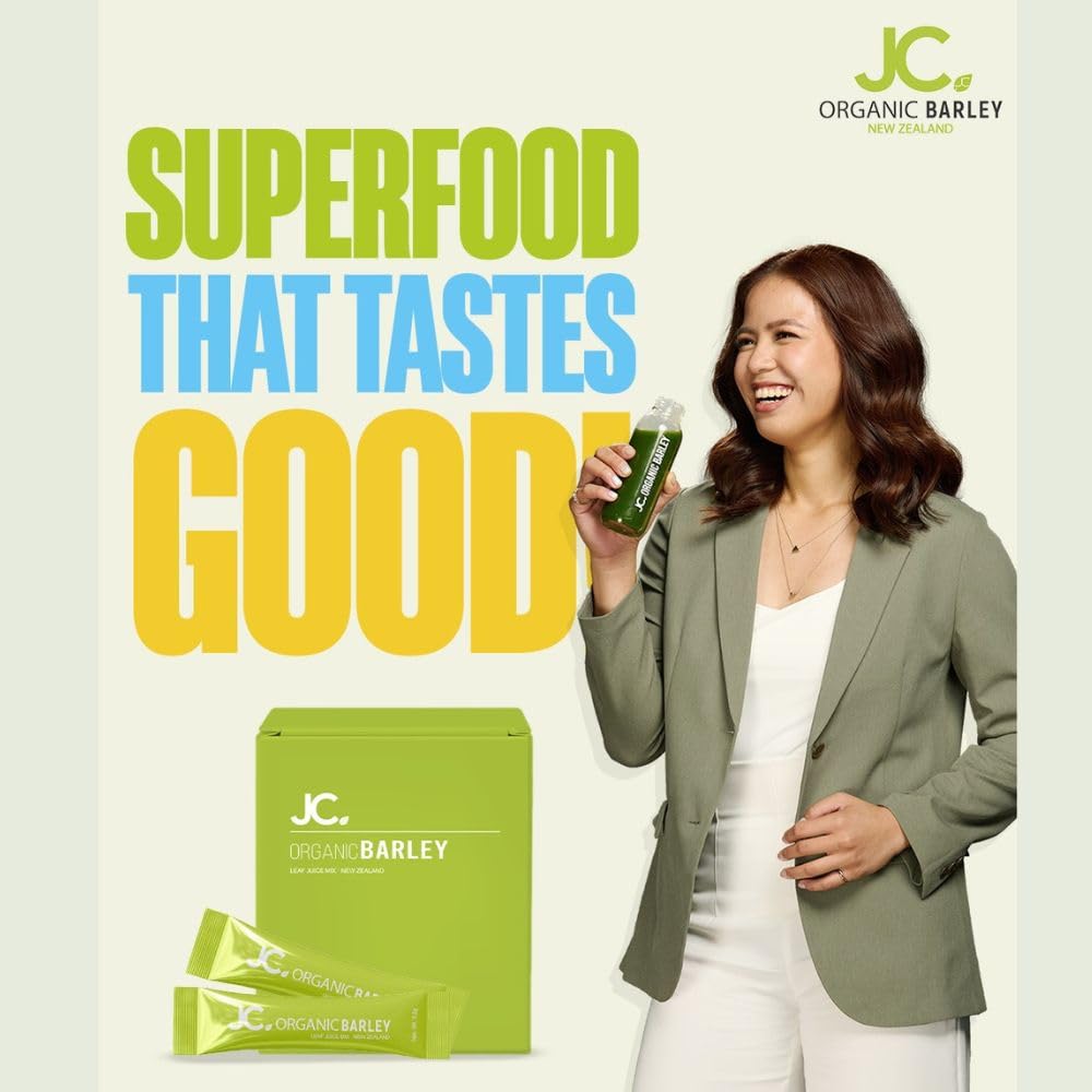 JC Barley Grass Juice Powder on a New Zealand farm background emphasizing origin