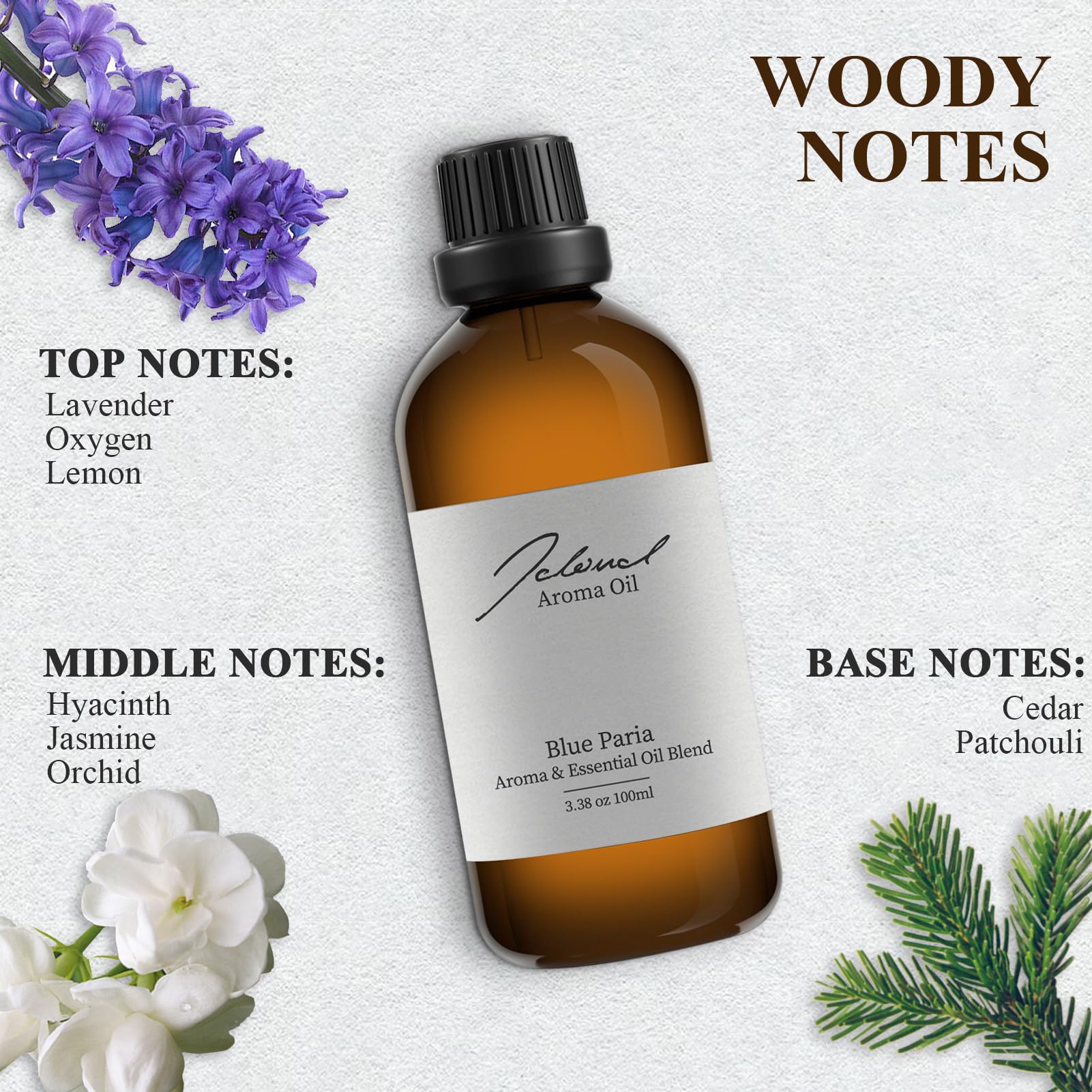Close-up of JCLOUD Blue Paria essential oil bottle highlighting lavender notes
