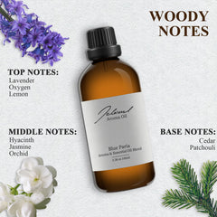 Close-up of JCLOUD Blue Paria essential oil bottle highlighting lavender notes