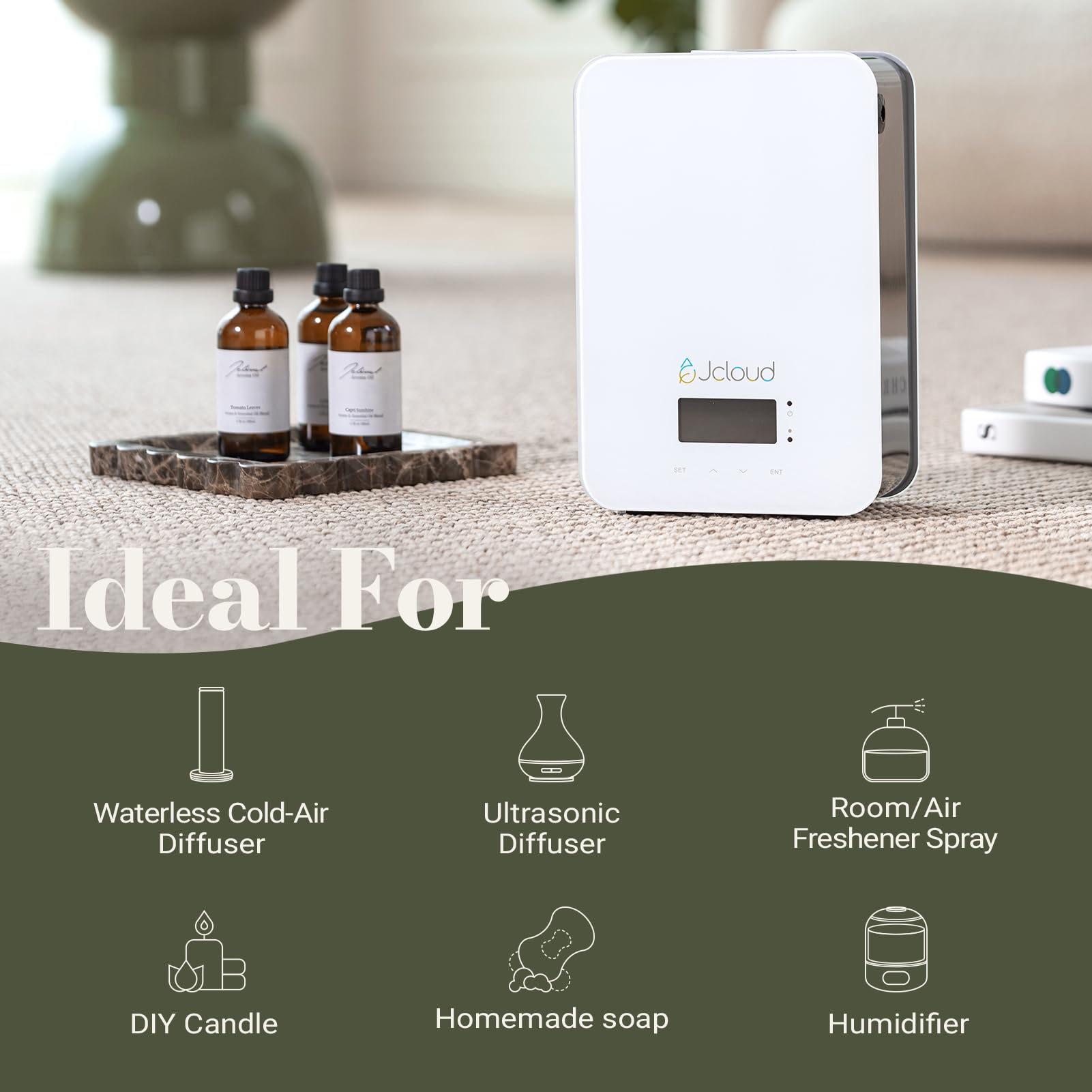 JCLOUD Pine Eucalyptus diffuser glass bottle ready for home use.