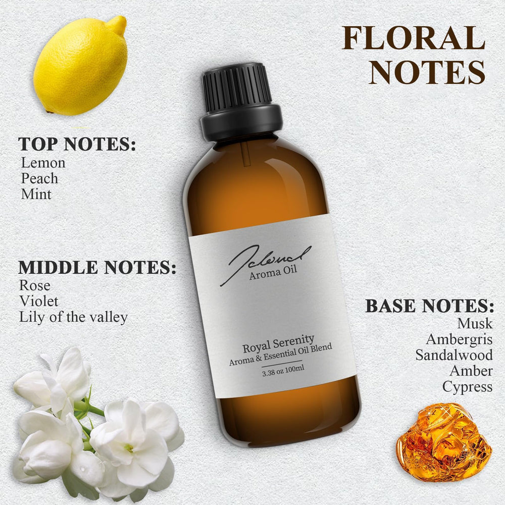 JCLOUD Royal Serenity diffuser oil close-up highlights lemon and jasmine notes.
