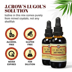 J.CROW'S Lugol's formula is gluten-free and alcohol-free for clean ingredients.