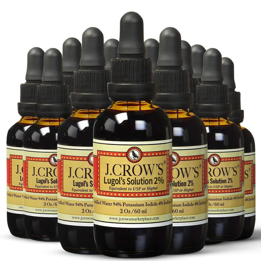 J.CROW'S Lugol's iodine 2% bottle with dropper for precise dosing and dilution.