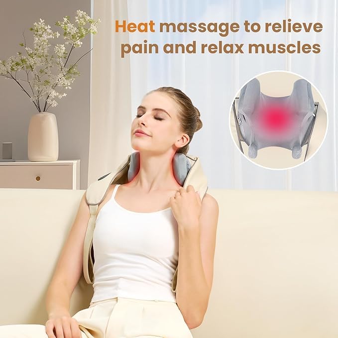 Jdfdexc 4D neck massager back view shows adjustable strap for hands-free massage.