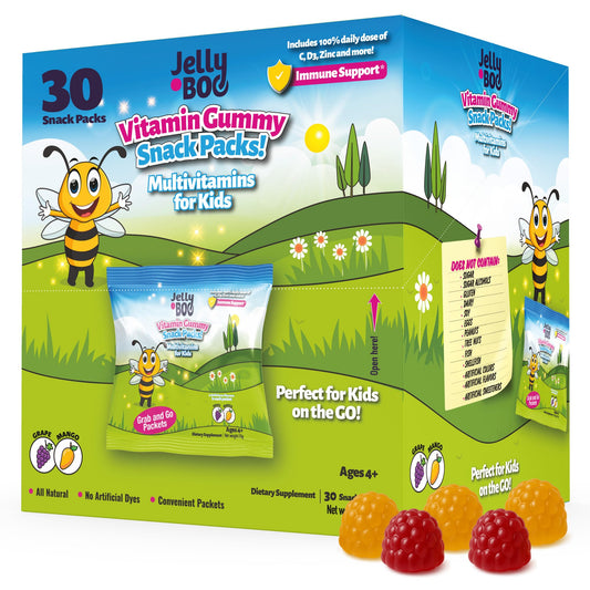 Jelly.Boo Kids Daily Multivitamin gummies in travel packs for on-the-go immune support.