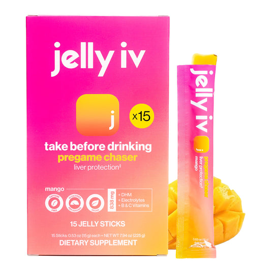 Jelly IV fast morning relief stick packaging highlights a convenient 15-pack for on-the-go hydration.